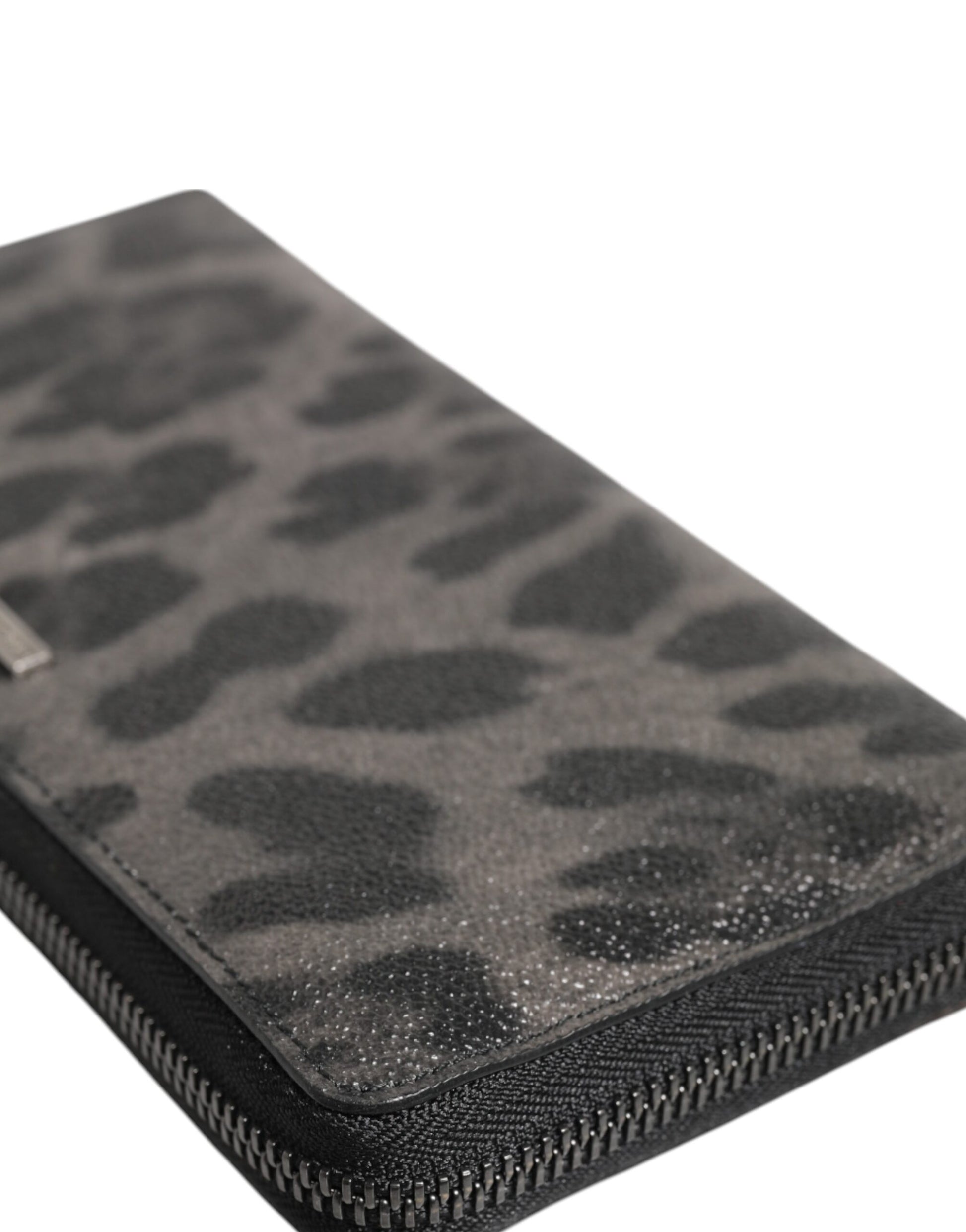 Black Gray Leopard Leather Zip Around Continental Wallet