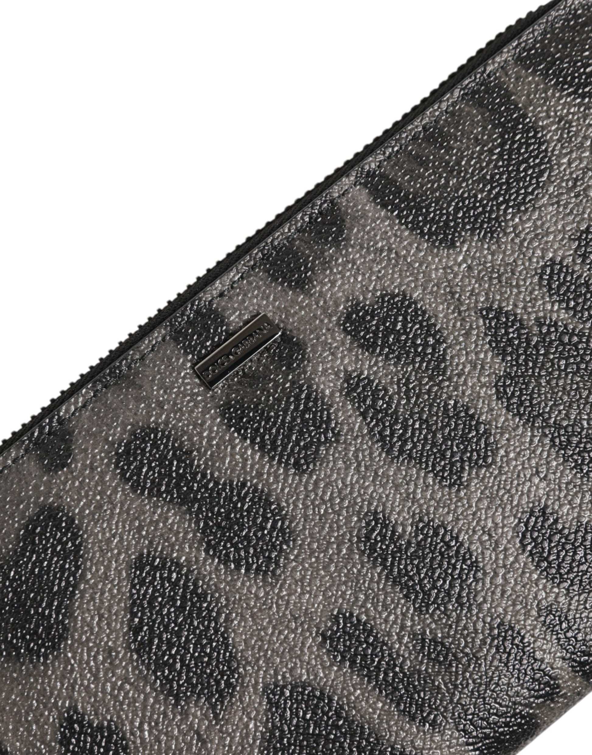 Black Gray Leopard Leather Zip Around Continental Wallet