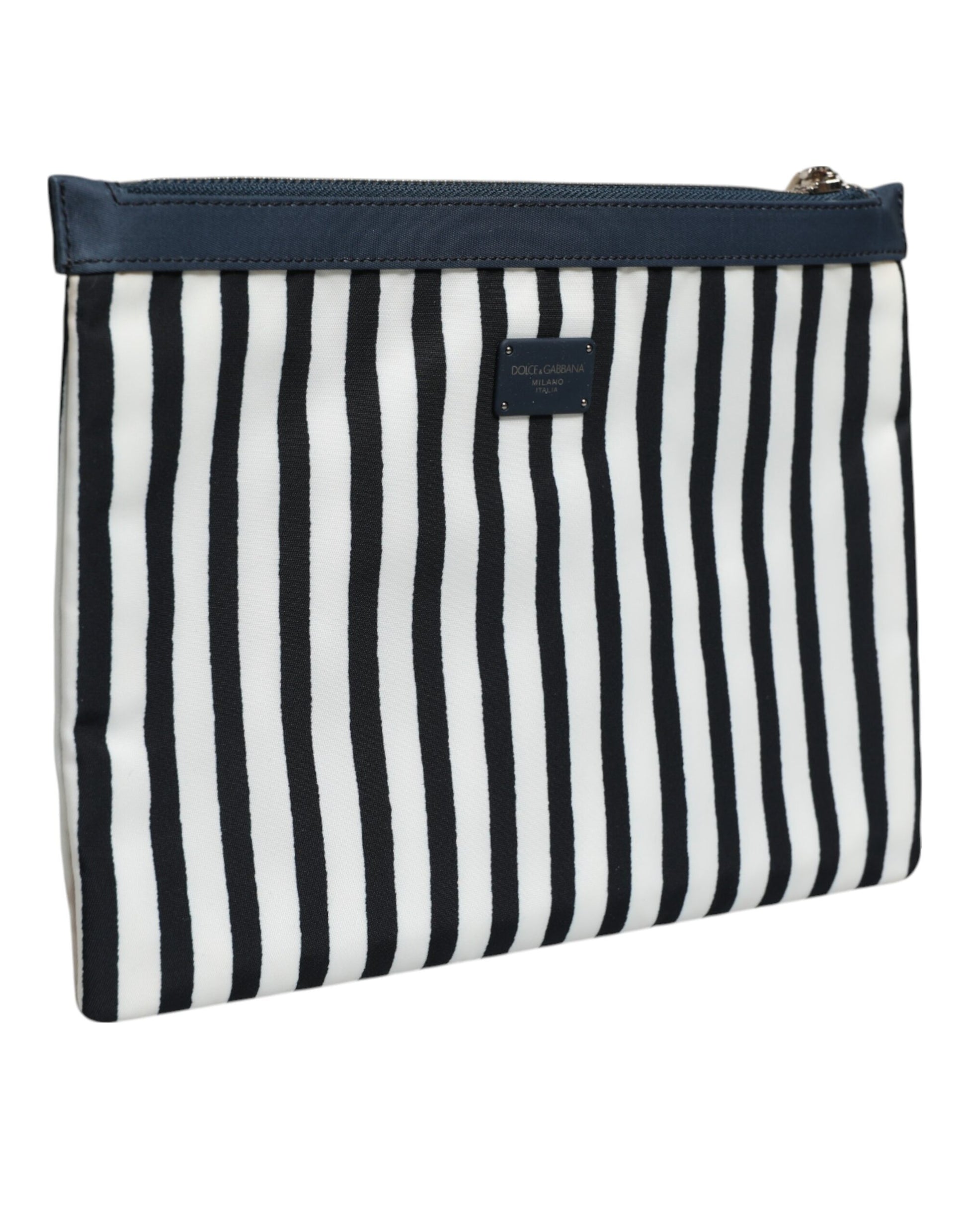 Black White Striped Logo Plaque Clutch Pouch Bag