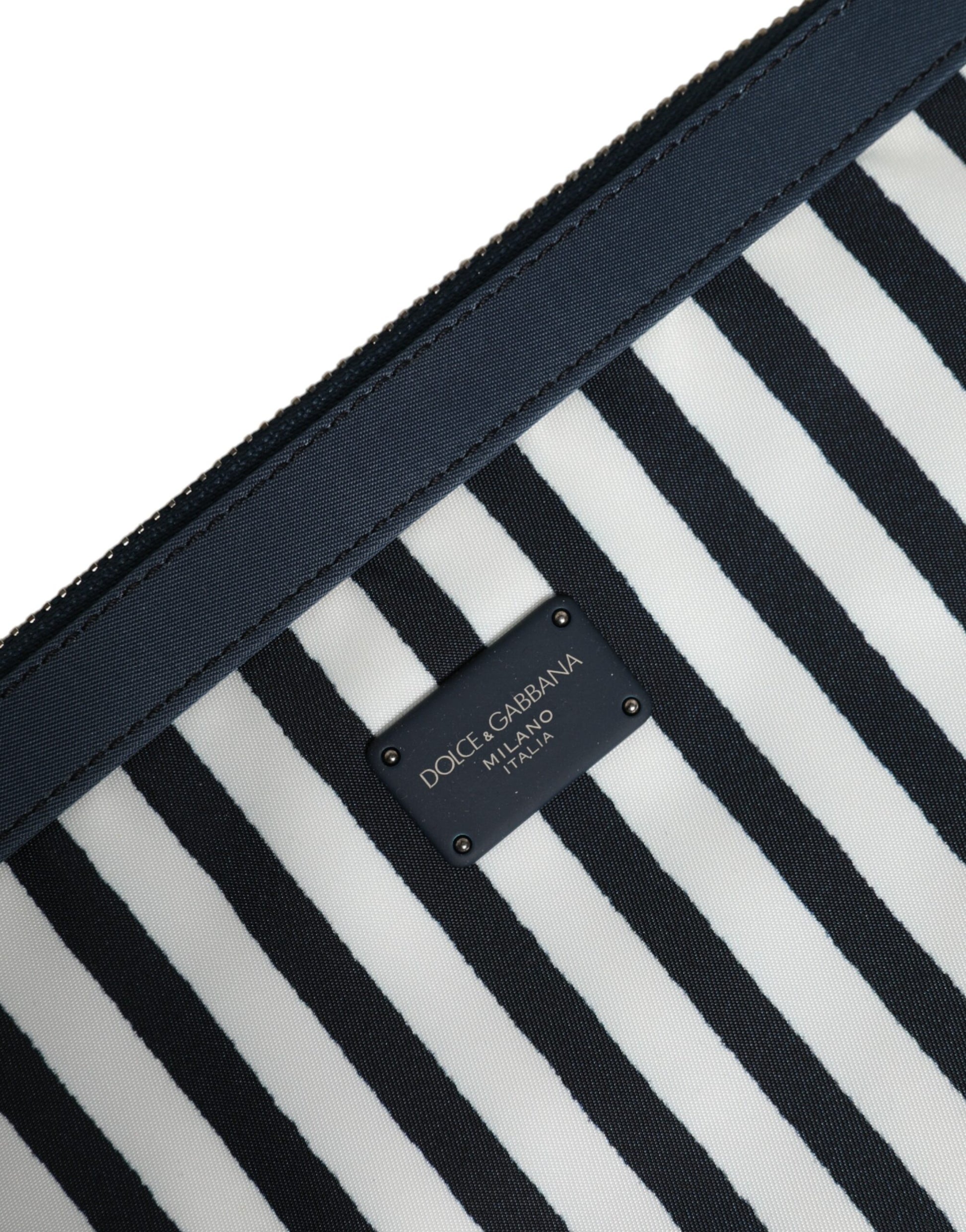 Black White Striped Logo Plaque Clutch Pouch Bag