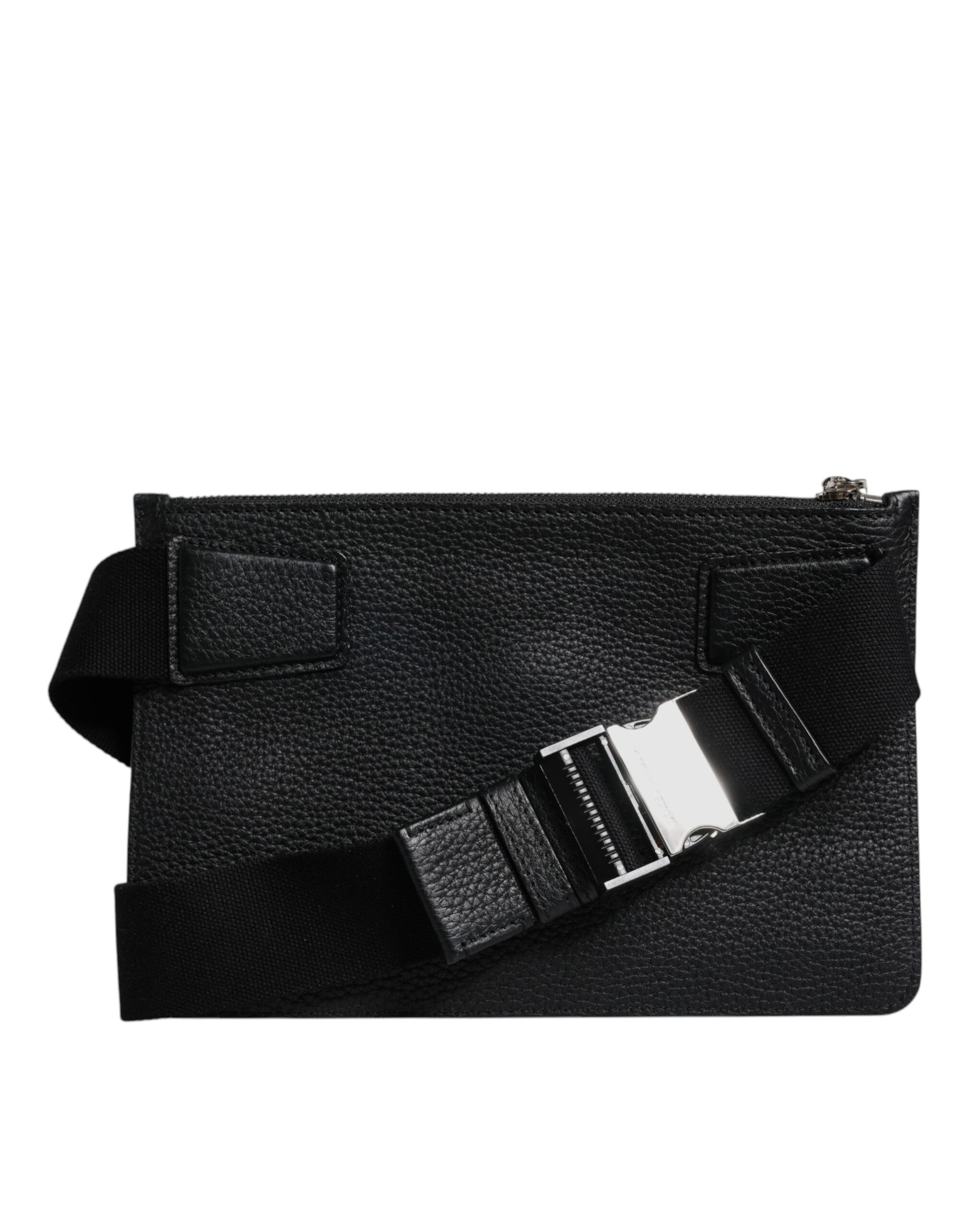Black Leather Logo Embossed Waist Fanny Pack Borse Bag