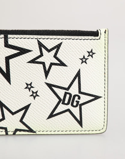 White Leather Douphin DG Logo Star Print Card Holder Wallet