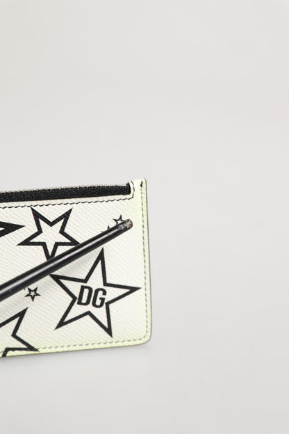 White Leather Douphin DG Logo Star Print Card Holder Wallet