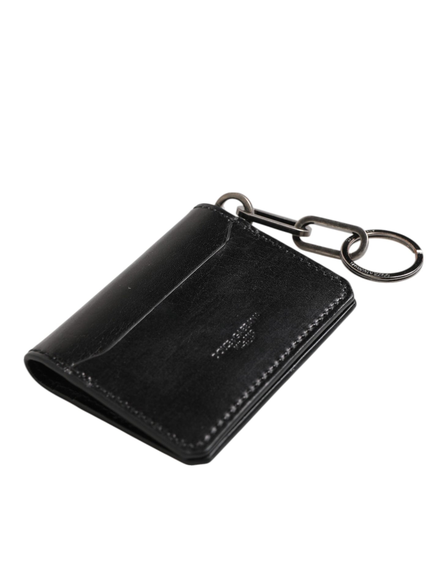 Black Leather Logo Embossed Key Chain Card Holder Wallet