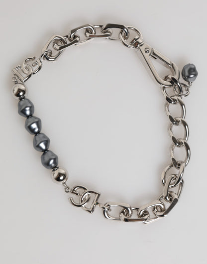 Silver Tone Chain Lobster Clasp Logo Gray Pearls Bracelet