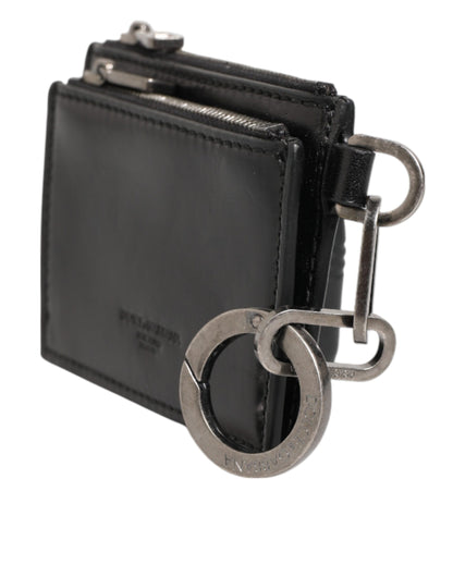 Black Leather Zipped Card Holder Coin Purse Keyring Wallet