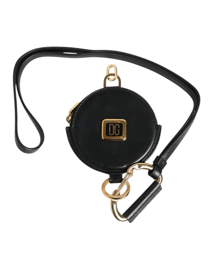 Black Round Leather DG Logo Coin Purse Lanyard Wallet