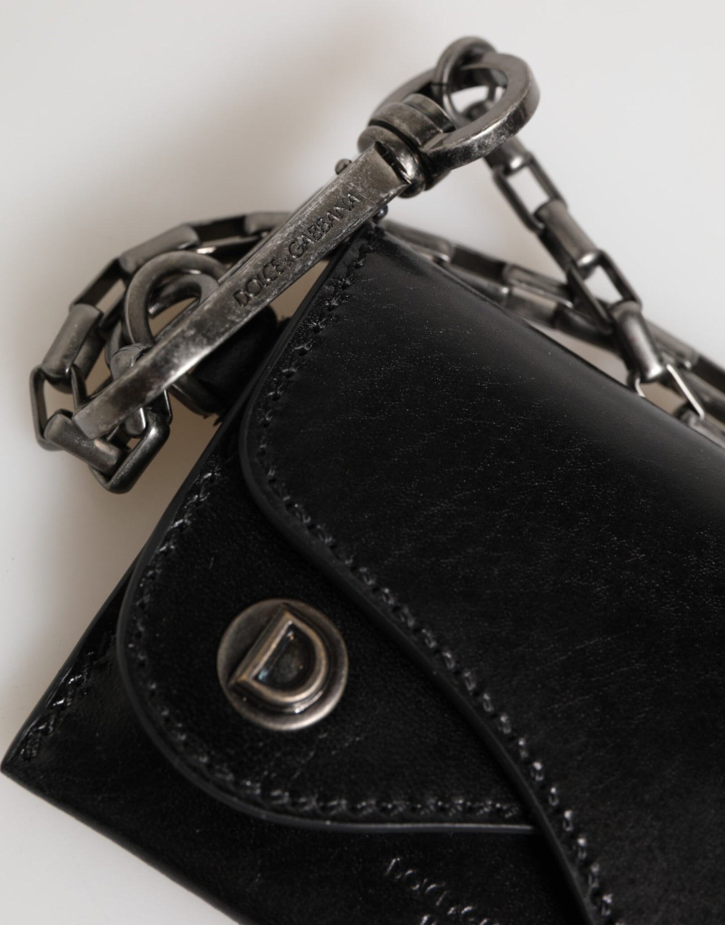 Black Cavallo Leather Wallet Chain Snap Bifold Card Holder