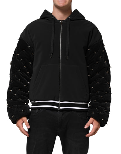 Black Cotton Quilted Studded Sleeve Hoodie Jacket