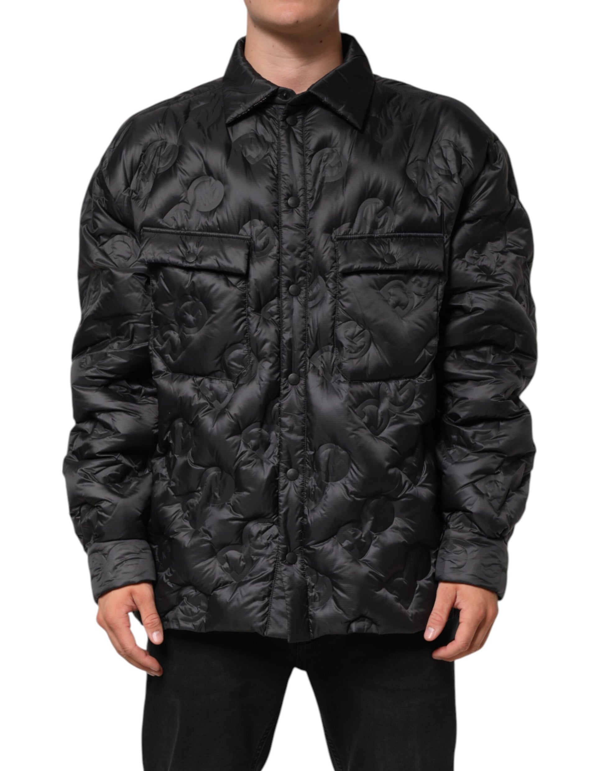 Black Quilted DG Logo Nylon Puffer Jacket