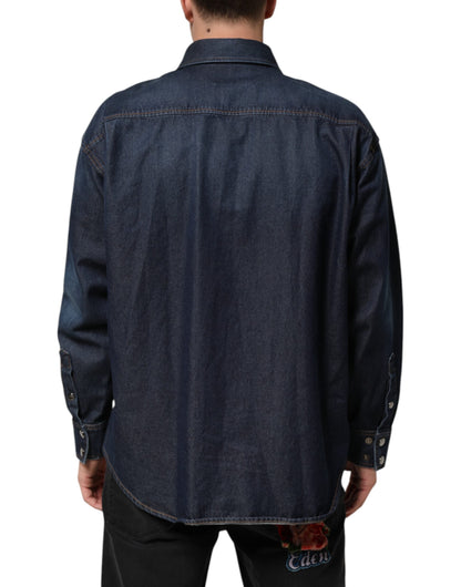 Blue Denim Button Casual Logo Patch Men Shirt