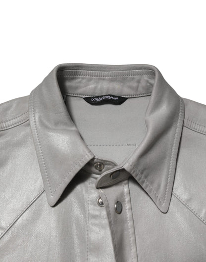 Gray Coated Cotton Snap Button Logo Men Shirt