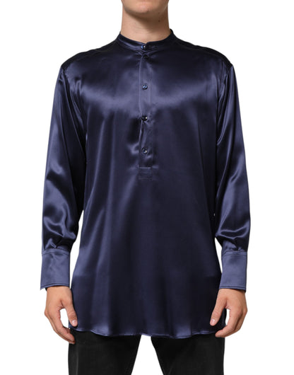 Navy Silk Long Sleeve Mandarin Collar Shirt