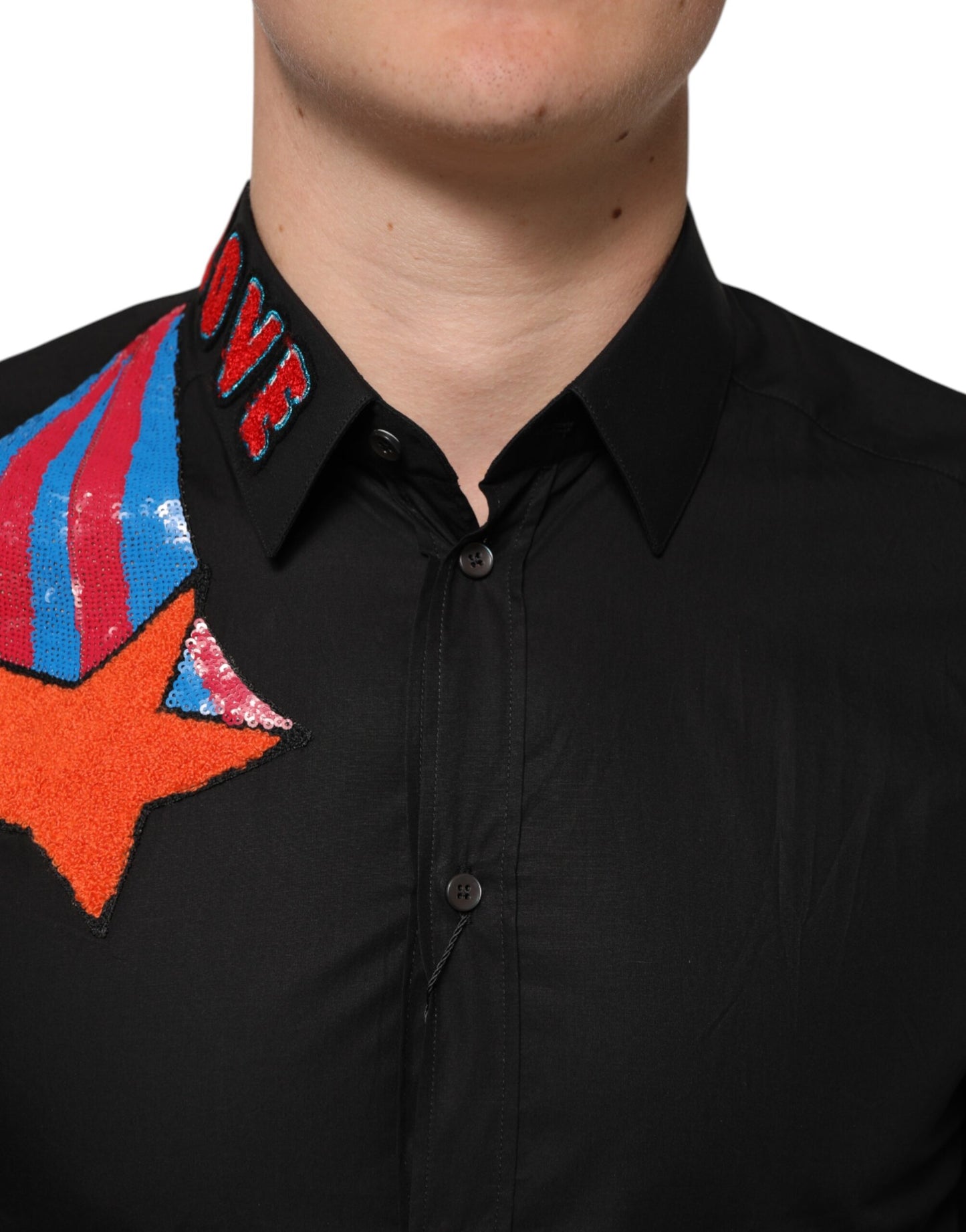 Black Cotton Star Sequin Dress Formal Men Shirt