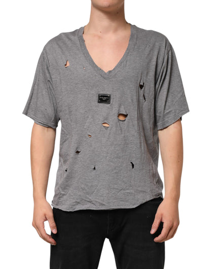 Gray Cotton Tattered Logo Patch Men T-shirt