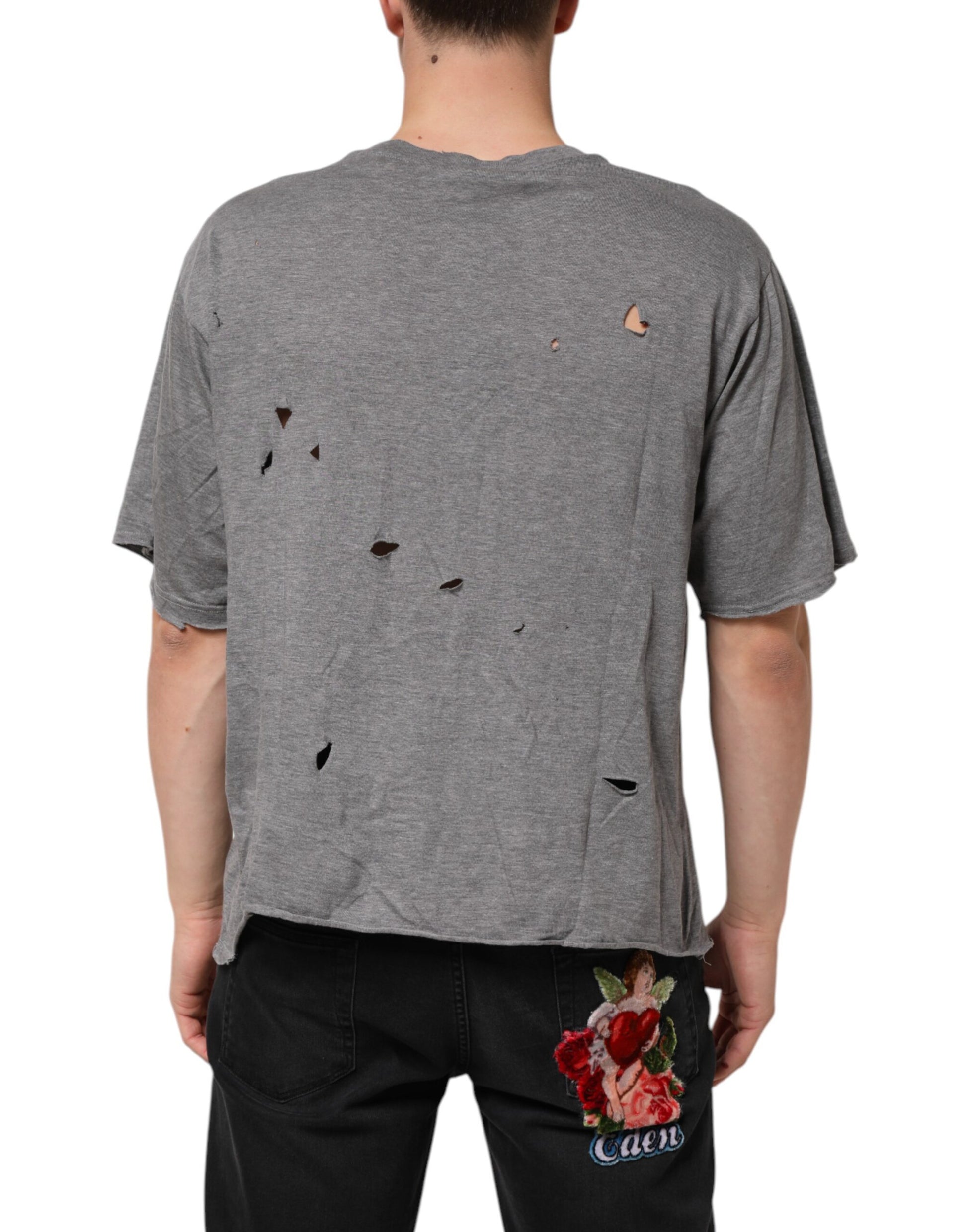 Gray Cotton Tattered Logo Patch Men T-shirt