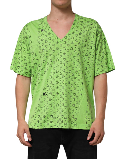 Green V-Neck DG Logo Heart Print T-shirt