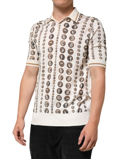 Silk Ivory Coin Print Logo Men Polo T-shirt