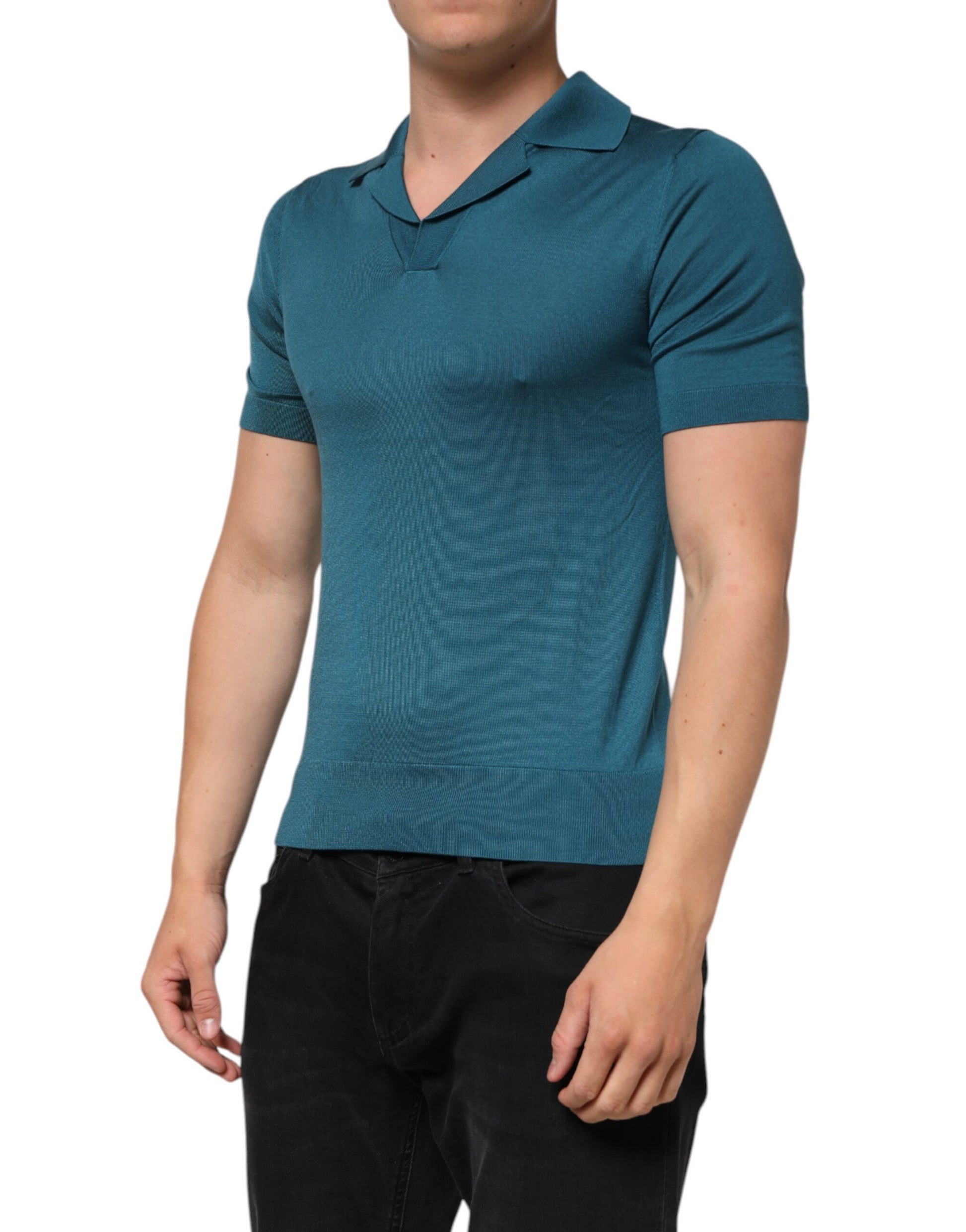 Teal Blue Silk Collar Short Sleeve Polo T-shirt
