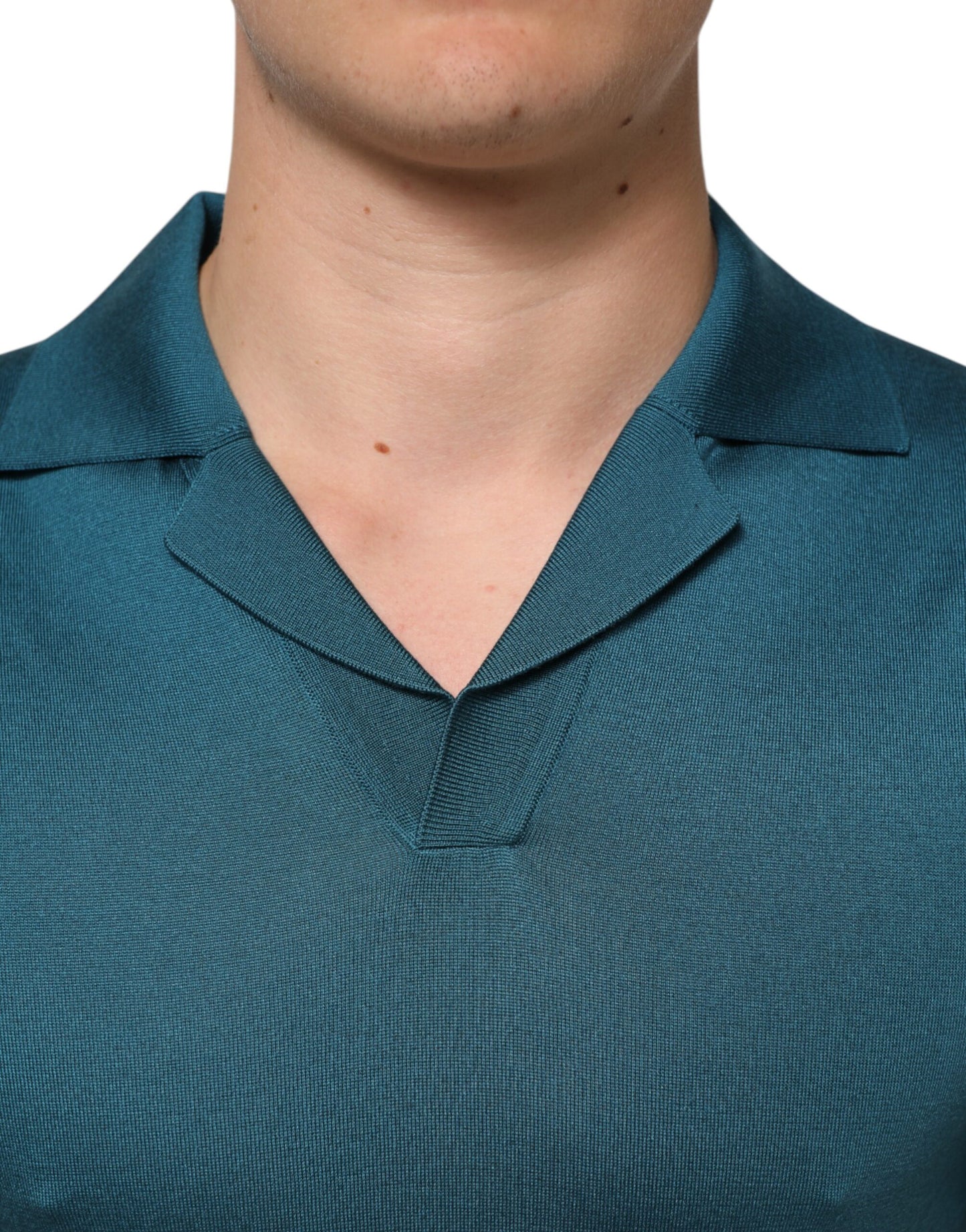 Teal Blue Silk Collar Short Sleeve Polo T-shirt
