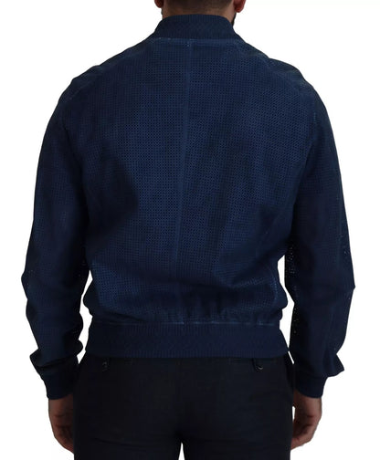 Blue Leather Perforated Full Zip Jacket