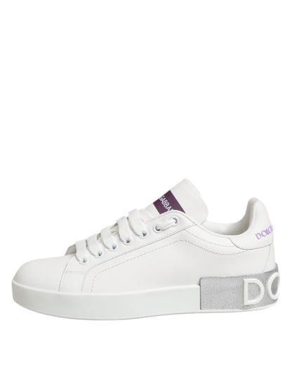 White Purple Leather Low Top Sneakers Shoes