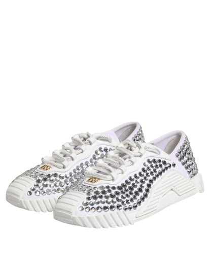White NS1 Canvas Leather Embellished Sneakers Shoes