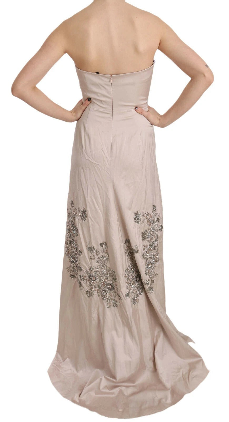 Beige Sequined Flower Flare Ball Gown Dress