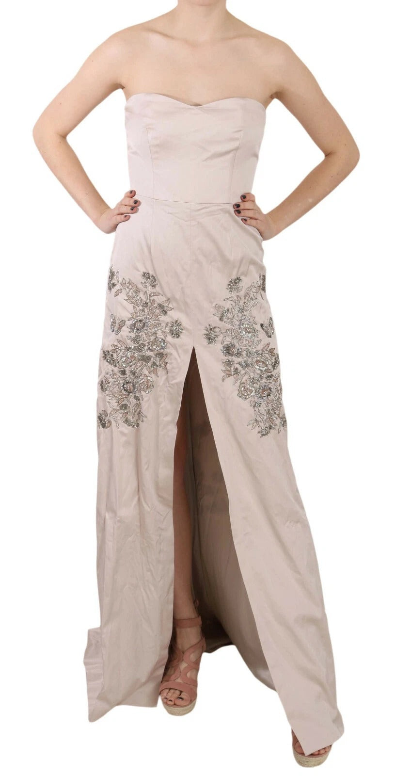 Beige Sequined Flower Flare Ball Gown Dress