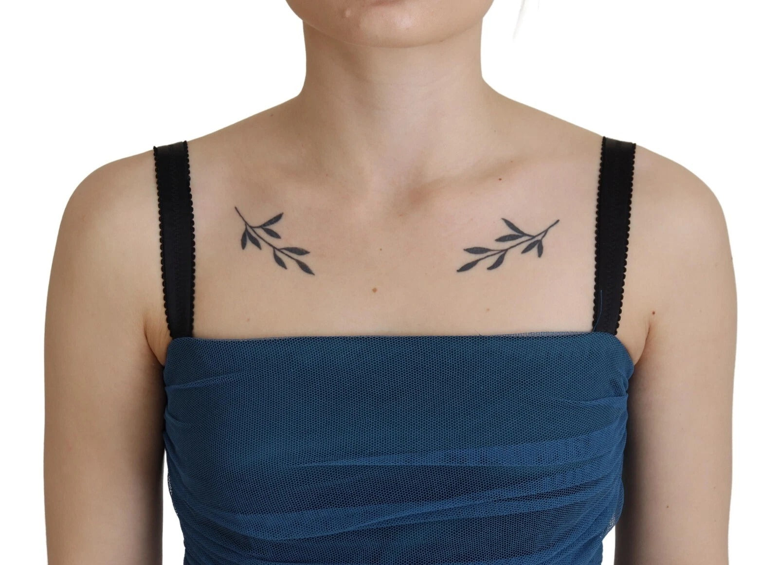 Blue Mesh Trim Ruched Tulle Sheath Dress