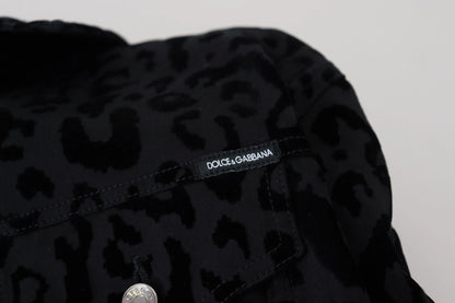 Cotton Black Leopard Long Sleeve Denim Jacket
