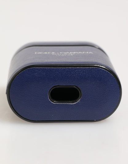 Blue Leather Logo Print Flip Holder Men Airpods Case