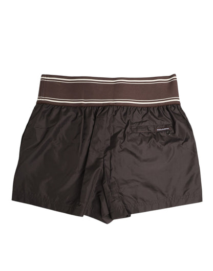 Brown Polyester Logo Elastic Waistband Swimwear