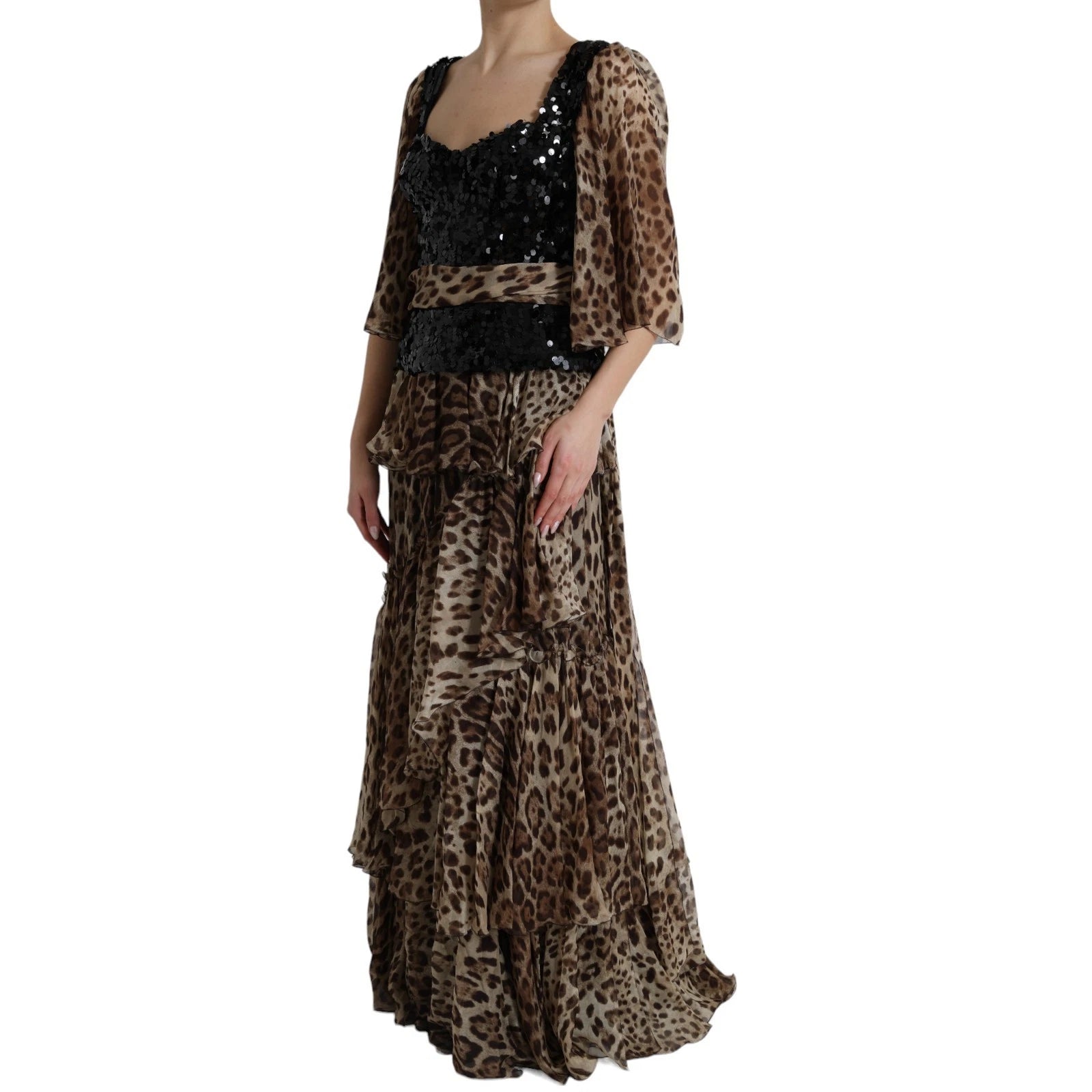Leopard Print Silk Sequin Ruffle Maxi Dress
