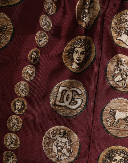 Burgundy Silk Coin Print Men Boxer Short Swimwear