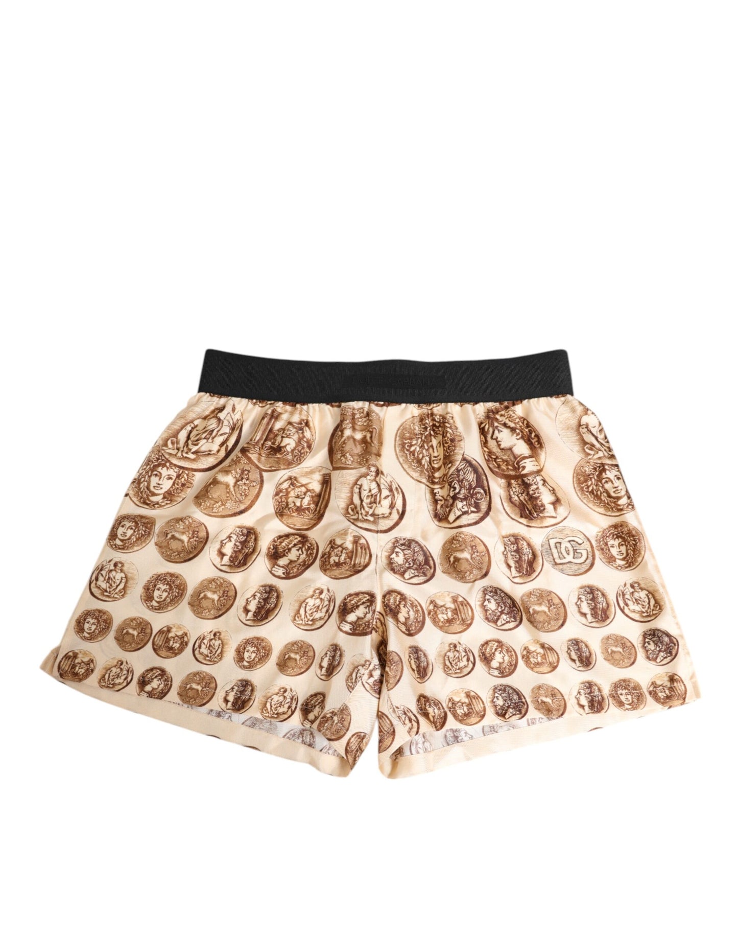 Brown Ancient Coin Print Silk Shorts Swimwear