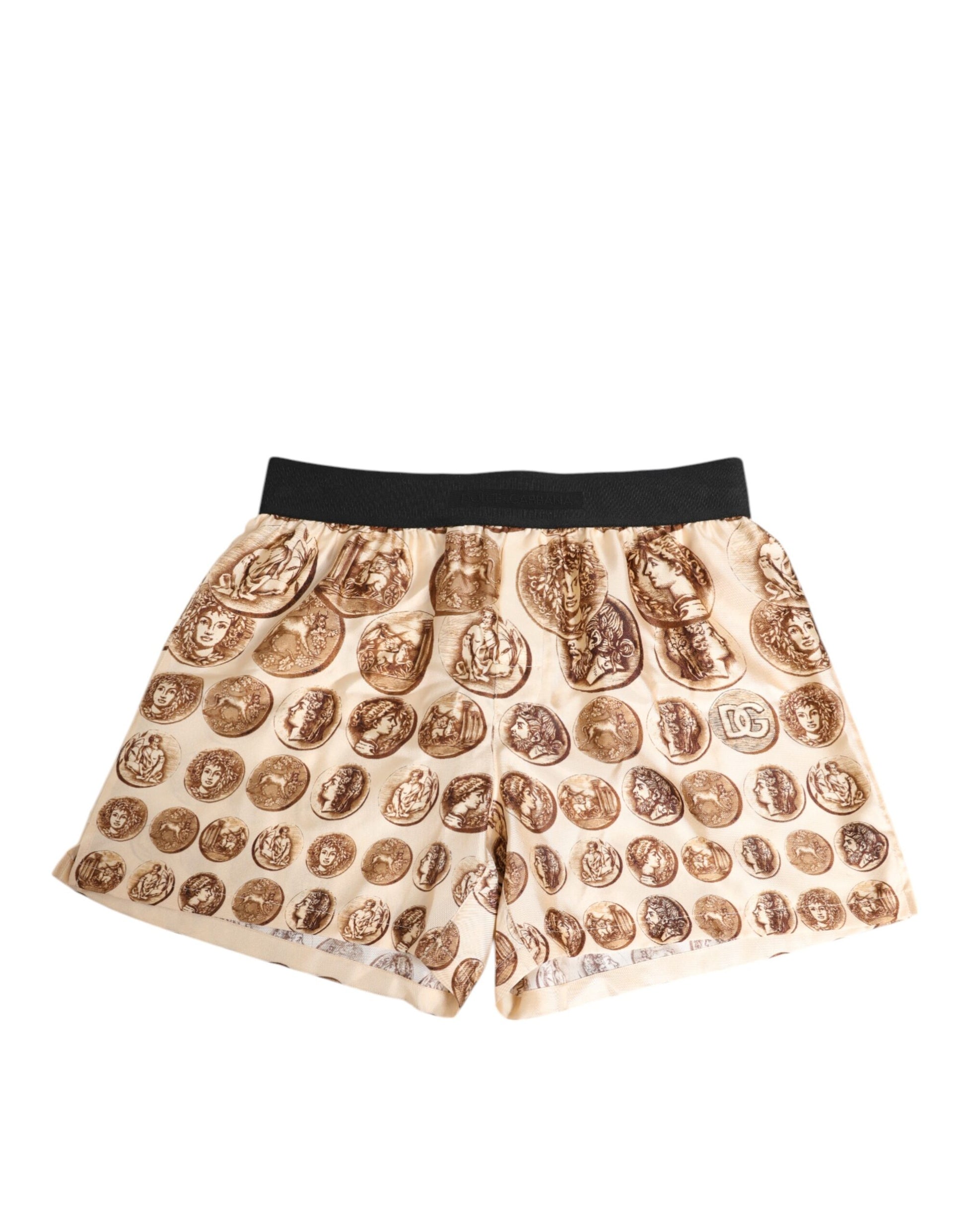 Brown Ancient Coin Print Silk Shorts Swimwear