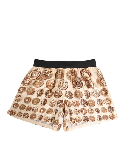 Brown Ancient Coin Print Silk Shorts Swimwear
