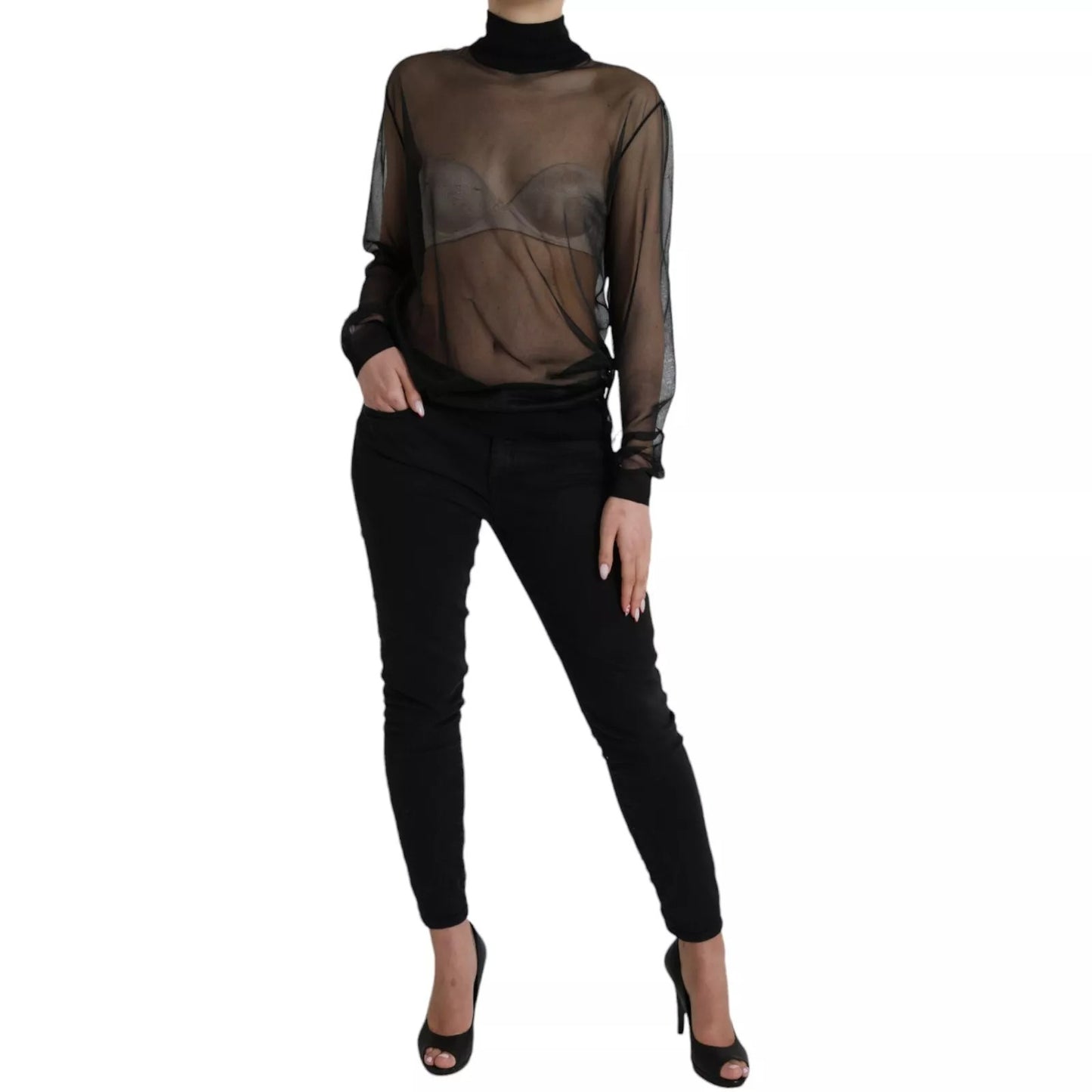 Black Mesh Turtleneck Sheer Blouse Top