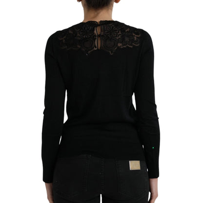 Black Silk Lace Trim Long Sleeves Blouse Top