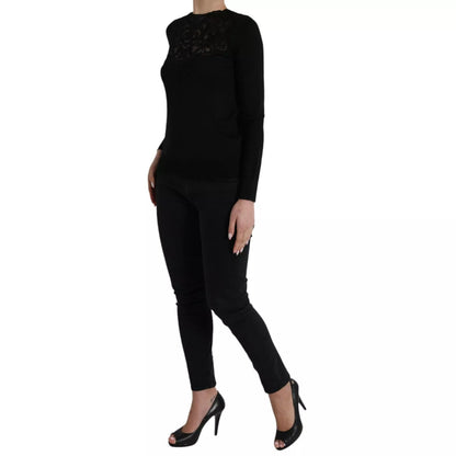 Black Silk Lace Trim Long Sleeves Blouse Top