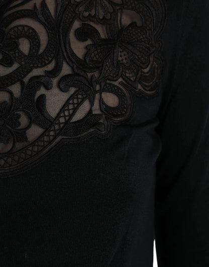Black Silk Lace Trim Long Sleeves Blouse Top