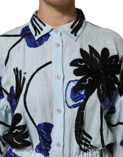 Blue Sequin Embellished Shirt Maxi Dress