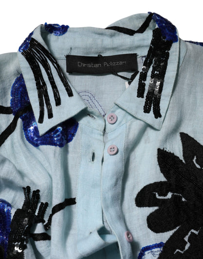 Blue Sequin Embellished Shirt Maxi Dress