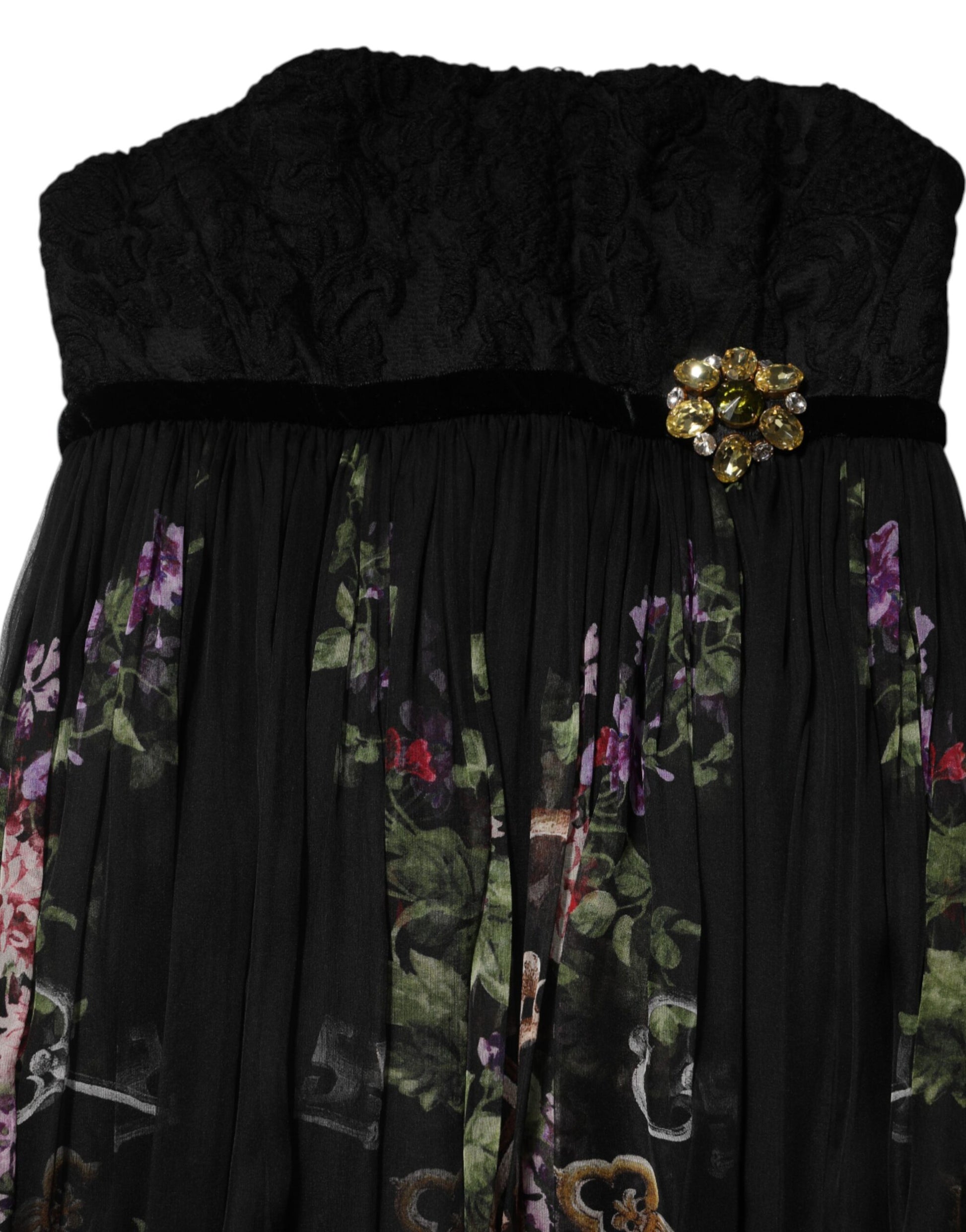 Black Floral Key Print Crystal Strapless Dress