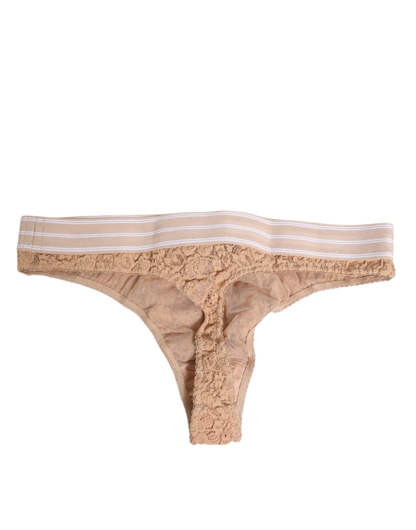 Beige Lace Logo Elastic Waist Thong Tanga Underwear
