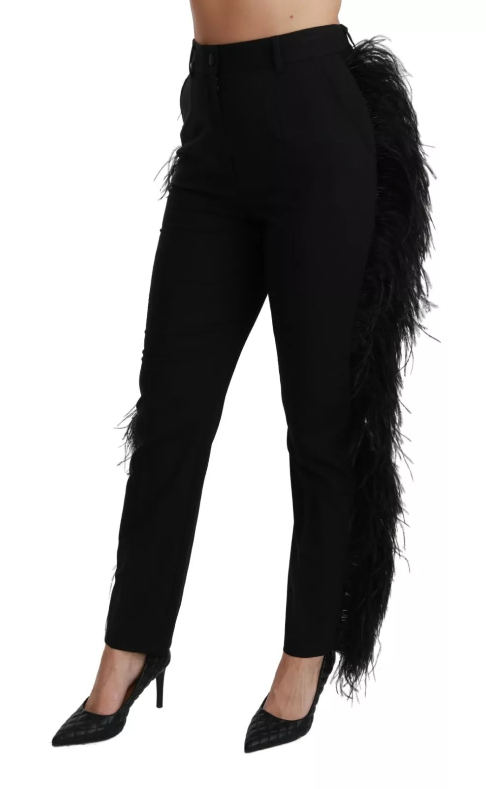 Black Feather Straight High Waist Pants