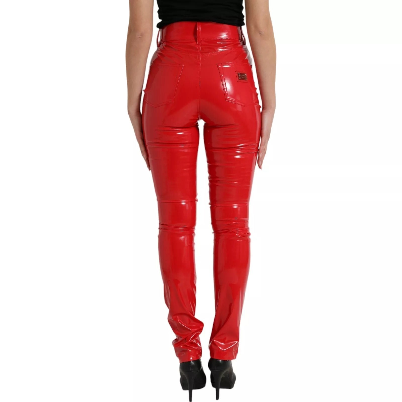 Red High Waist Skinny Trouser Shiny Pants
