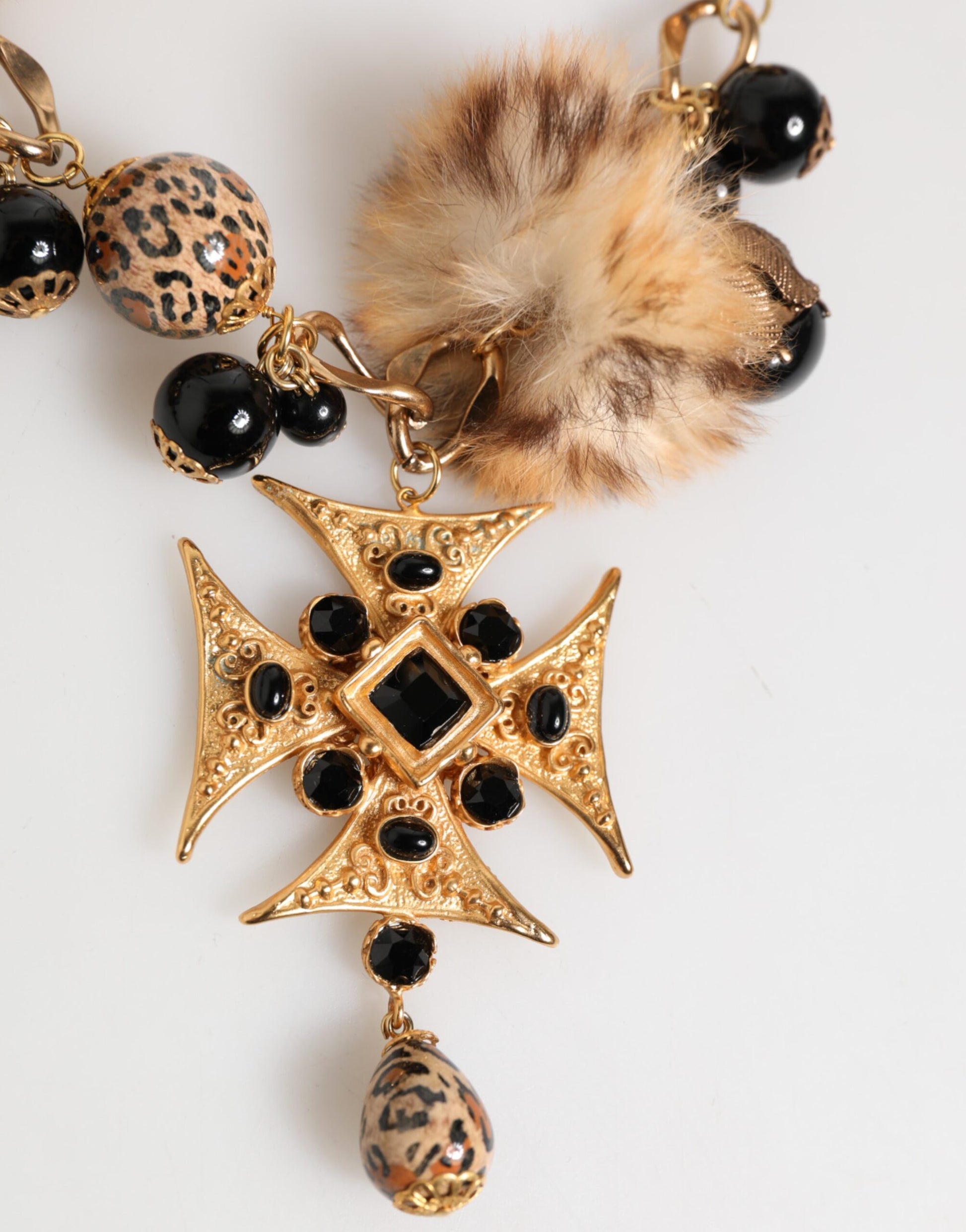 Gold Black Crystals Lapin Fur Filigree Choker Necklace