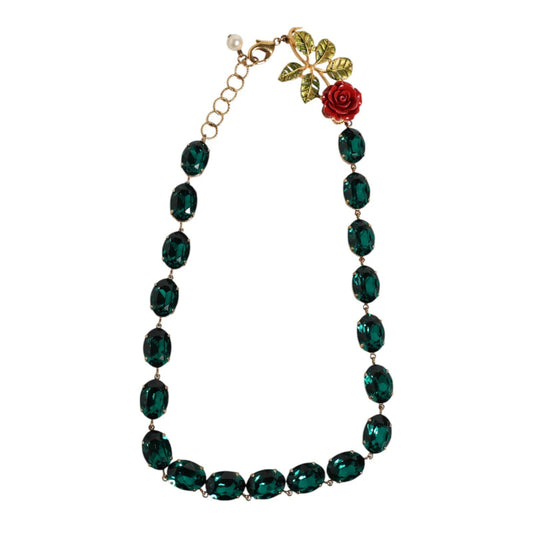 Red Rose Green Crystal Gold-Tone Chain Necklace